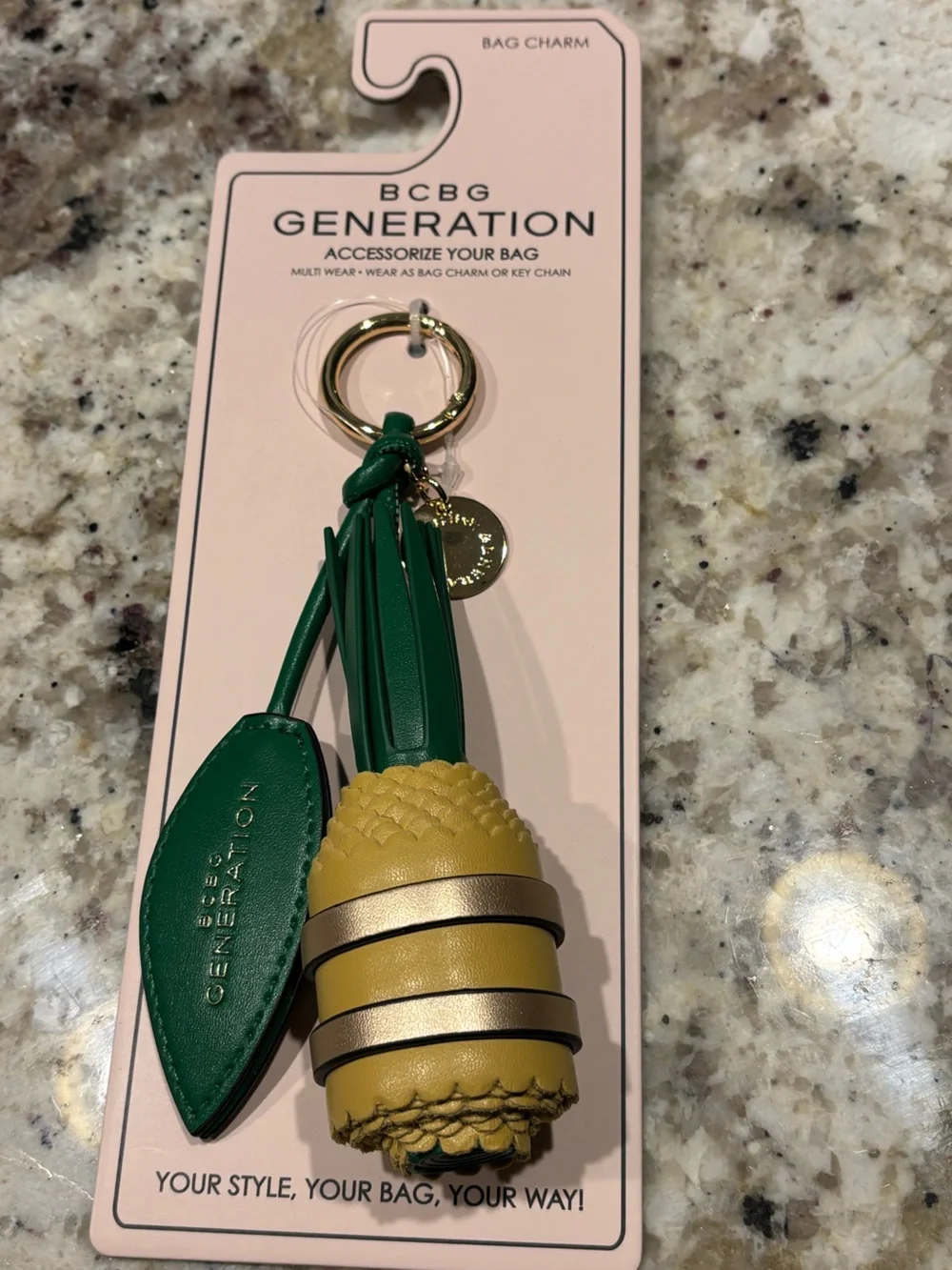 NWT BCBGeneration 3D Pineapple Bag Charm Yellow Green Faux Leather Keychain Gold